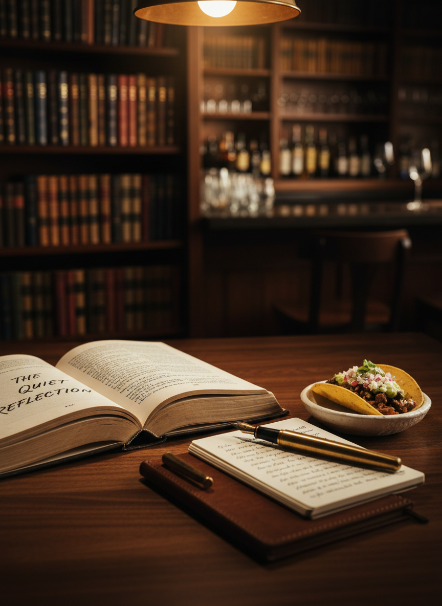 A close-up, cinematic shot of an open book lying flat on a dark walnut tabletop, its cream-colored pages gently curved, edges slightly worn. Next to it, a vintage-style brass pen rests on a narrow notebook filled with neat, handwritten reflections. A small, elegant ceramic dish holds a single, artfully arranged street-style taco, its toppings precise and colorful. In the softly blurred background, shelves of classic literature and a distant bar counter with glassware create context. Warm, focused pendant lighting above casts subtle highlights along the page edges and pen barrel, with delicate shadows forming a sense of depth. Photographic realism with shallow depth of field and an intimate, scholarly mood underscores deep insights and thoughtful discussion.