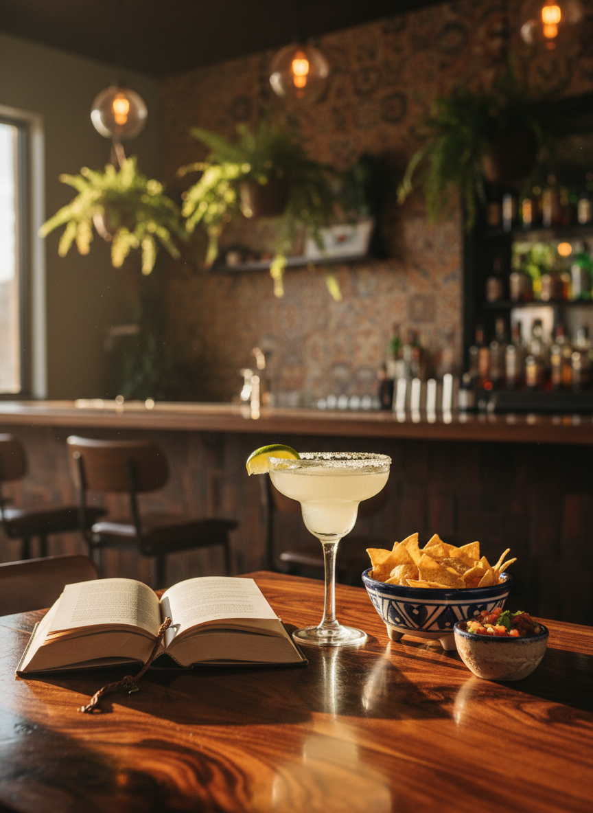 A polished wooden table at a Mexican restaurant, carefully set for a book club gathering, featuring an open novel facedown with a delicate leather bookmark, a chilled margarita in a classic stemmed glass with a salted rim and lime wedge, and a small stoneware bowl of tortilla chips with vibrant salsa. The background reveals Alejandro’s Kitchen bar area softly blurred, with tiled accents and hanging plants. Golden hour light filters through unseen windows, mingling with warm ambient fixtures to create layered, cozy illumination. Photographic realism with a slightly elevated angle and rule-of-thirds composition emphasizes refined details and textures, conveying a sophisticated yet relaxed atmosphere perfect for reflective conversation.