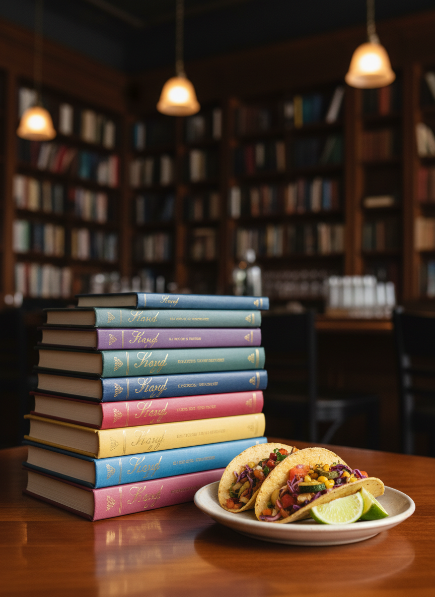 An elegant stack of hardcover novels arranged in a gentle spiral at the center of a rich wooden table, each spine in muted jewel tones with subtle gold-foil titles. Beside them rests a small ceramic plate holding two soft corn tacos filled with colorful vegetables, lime wedges glistening beside them. In the background, rows of neatly organized bookshelves and a blurred bar with glass bottles hint at a cozy restaurant setting. Warm pendant lighting casts a golden, sophisticated glow with soft, directional highlights on the book covers and gentle shadows under the tacos. Photographic realism, eye-level composition, shallow depth of field, and a calm, welcoming atmosphere evoke an intimate, upscale book club evening without showing any people.
