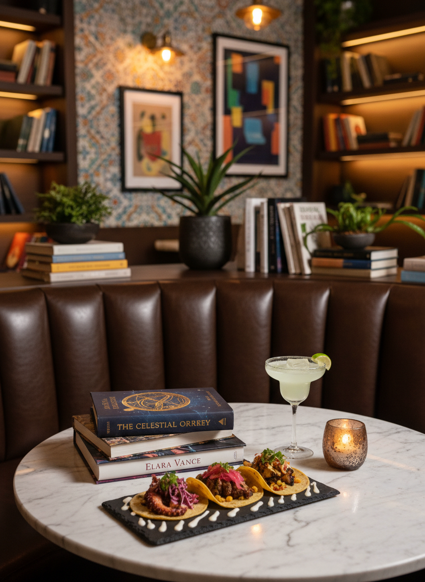 A reserved corner table at Alejandro’s Kitchen captured in photographic realism: a plush leather-backed bench curves around a round, marble-topped table. On the table, a carefully stacked trio of modern literary novels, a single hardcover with an intricate dust jacket on top, and a slate platter lined with three gourmet tacos artfully arranged. A frosty margarita with a crystal-clear ice cube stands near a small votive candle in textured glass, casting a gentle, flickering glow. In the depth-blurred background, colorful Mexican tiles, framed art, and shelves of books create a cultured ambiance. Side lighting from warm wall sconces and subtle overhead fixtures produces a layered, moody sophistication that suggests lively, thoughtful conversations just out of frame.