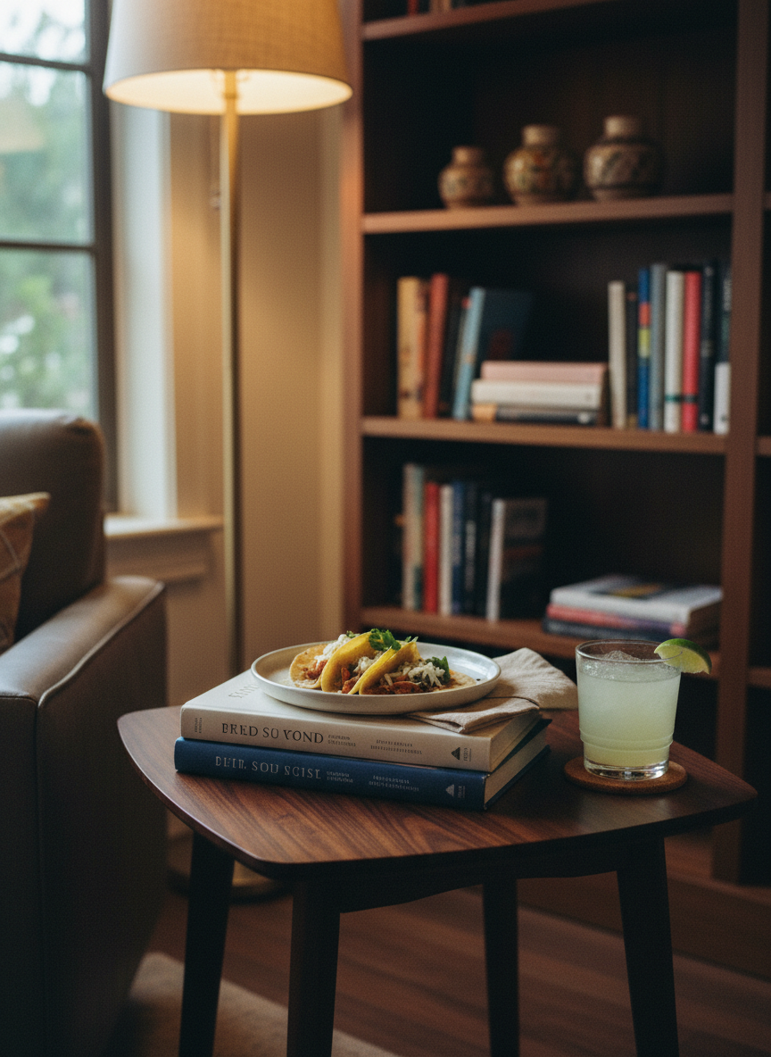 A refined reading nook styled for a book club host: a mid-century modern side table in dark walnut holds a neat stack of current book club selections, each with elegant, minimalist covers. A white stoneware plate supports two half-eaten tacos and a folded linen napkin, with a condensation-beaded glass of margarita set on a cork coaster. Behind, a built-in bookshelf filled with varied spines and a few discreet Mexican pottery pieces stretches upward, softly out of focus. Late-evening, diffused window light mingles with a warm floor lamp, creating soft highlights and velvety shadows. Photographic realism, eye-level framing, and a cozy yet polished palette produce a sophisticated, introspective atmosphere that hints at ongoing dialogue and shared stories.