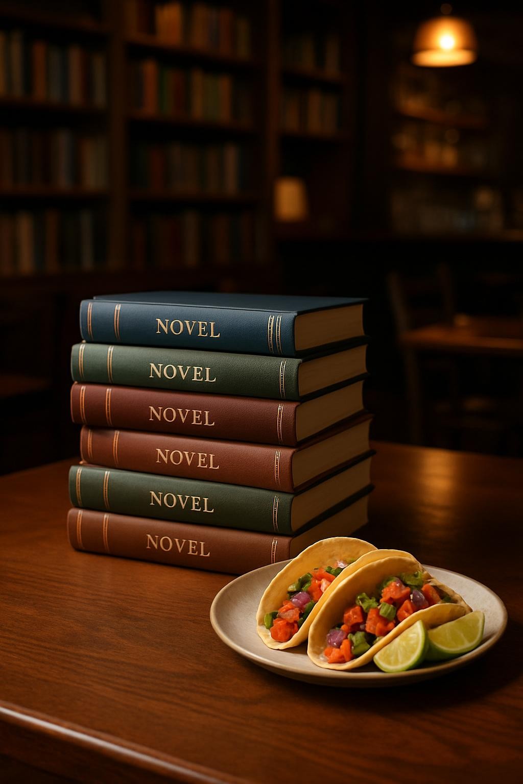 An elegant stack of hardcover novels arranged in a gentle spiral at the center of a rich wooden table, each spine in muted jewel tones with subtle gold-foil titles. Beside them rests a small ceramic plate holding two soft corn tacos filled with colorful vegetables, lime wedges glistening beside them. In the background, rows of neatly organized bookshelves and a blurred bar with glass bottles hint at a cozy restaurant setting. Warm pendant lighting casts a golden, sophisticated glow with soft, directional highlights on the book covers and gentle shadows under the tacos. Photographic realism, eye-level composition, shallow depth of field, and a calm, welcoming atmosphere evoke an intimate, upscale book club evening without showing any people.
